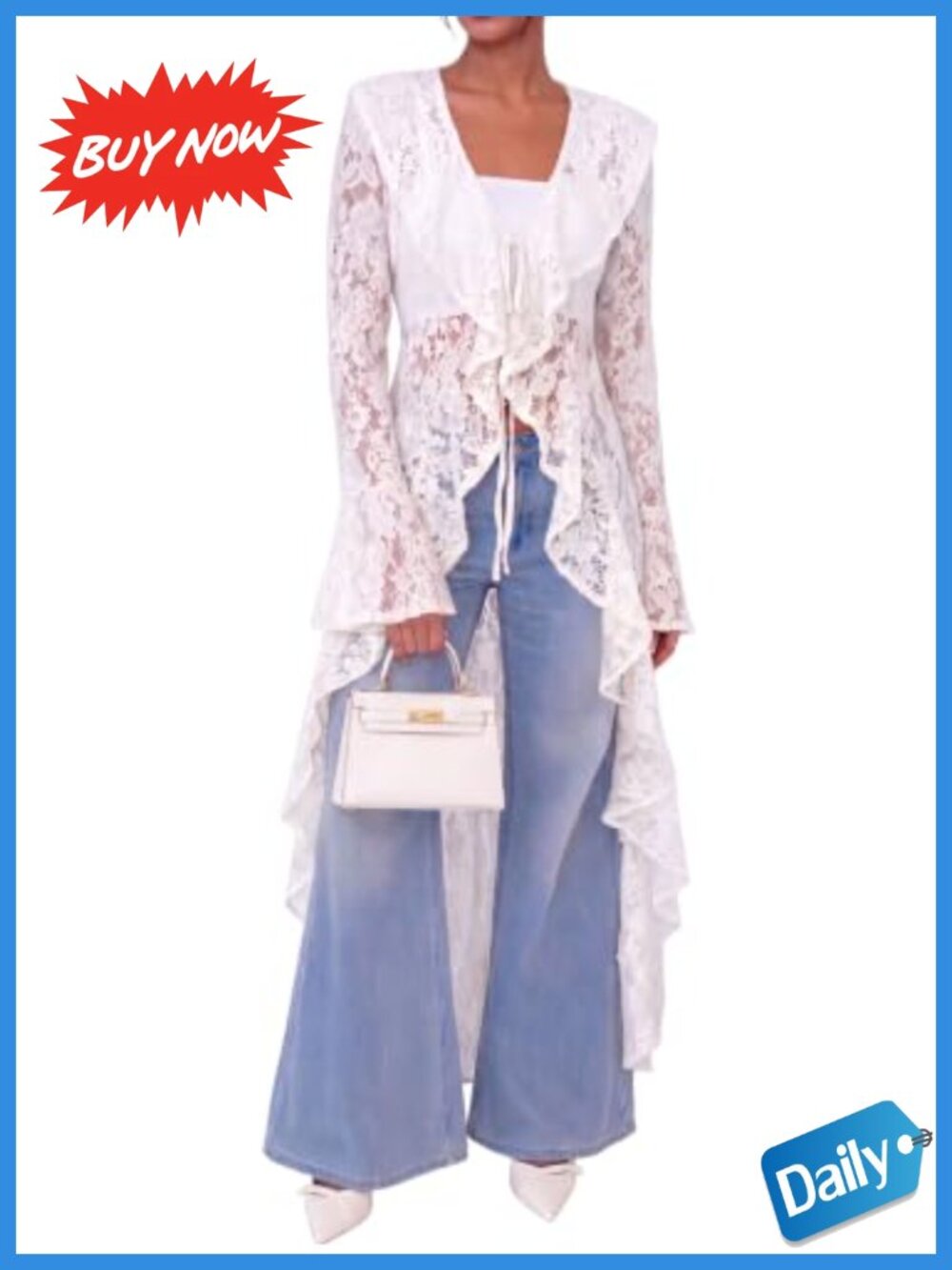 Womens Maxi Lace Cardigan Open Front Tie Bell Sleeve Ruffled Duster